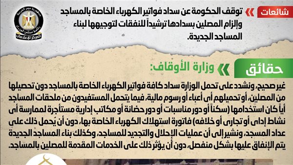 الحكومة تنفى توقفها عن سداد فواتير كهرباء المساجد وإلزام المصلين بسدادها